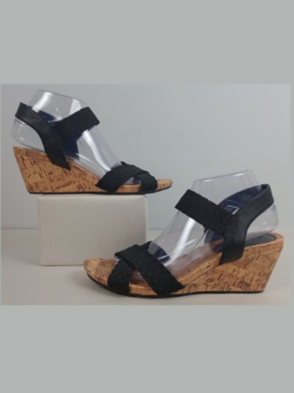 Flex Step Womens 8 Black Straps Lattice Toe Cork Mid Height Heel Wedge Sandels